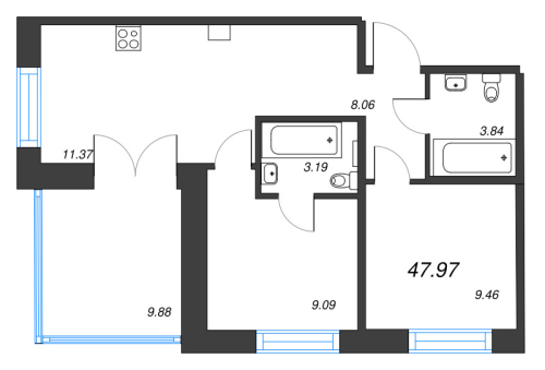 2-комнатная квартира №1 в: Alpen: 47.97 м²; этаж: 9 - купить в Санкт-Петербурге