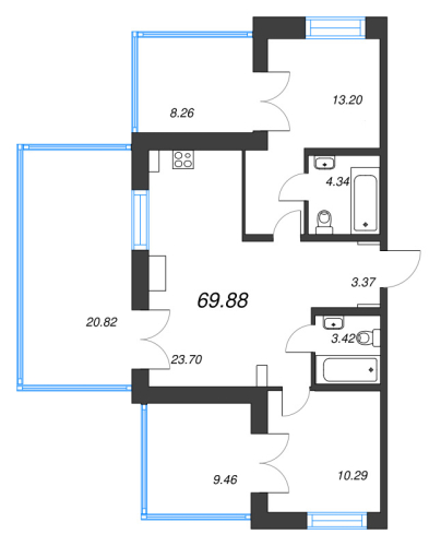 2-комнатная квартира №1 в: Alpen: 69.88 м²; этаж: 10 - купить в Санкт-Петербурге