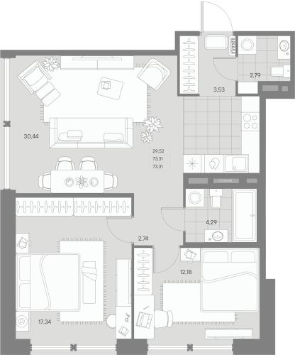 2-комнатная квартира, 73.31 м²; этаж: 2 - купить в Санкт-Петербурге