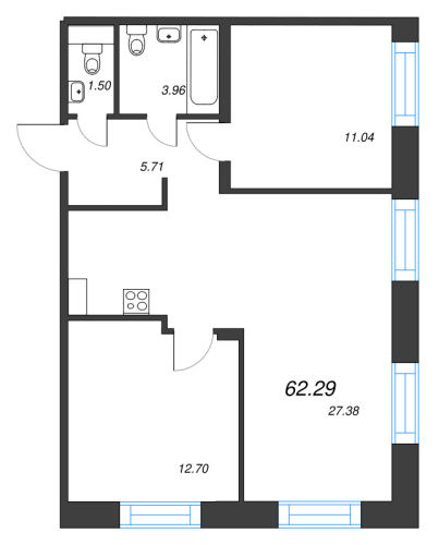 2-комнатная квартира №1 в: Alpen: 62.29 м²; этаж: 9 - купить в Санкт-Петербурге