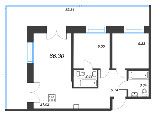 2-комнатная квартира №1 в: Alpen: 66.3 м²; этаж: 2 - купить в Санкт-Петербурге