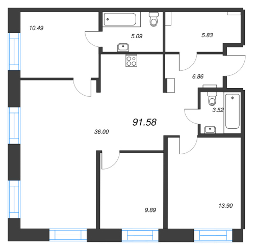 3-комнатная квартира №1 в: Alpen: 91.58 м²; этаж: 7 - купить в Санкт-Петербурге