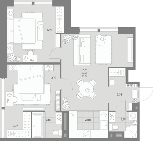 2-комнатная квартира, 73.51 м²; этаж: 2 - купить в Санкт-Петербурге