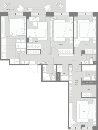 4-комнатная квартира №53 в: Avant: 99.72 м²; этаж: 2 - купить в Санкт-Петербурге