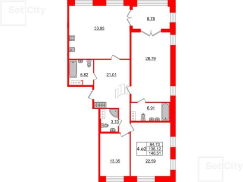 2-комнатная квартира №28к1 в: GRAND VIEW: 70.4 м²; этаж: 5 - купить в Санкт-Петербурге