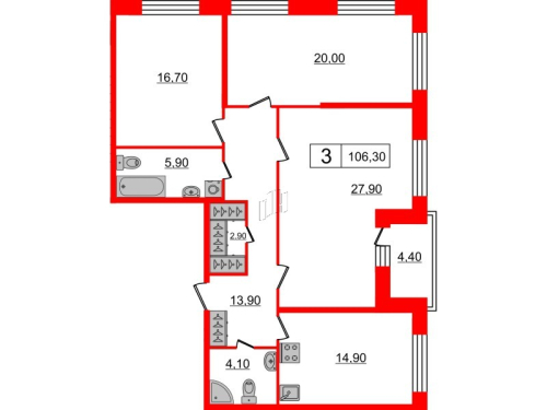 3-комнатная квартира №66 в: ПРИТЯЖЕНИЕ: 106.3 м²; этаж: 2 - купить в Санкт-Петербурге
