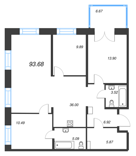 3-комнатная квартира, 93.68 м²; этаж: 5 - купить в Санкт-Петербурге