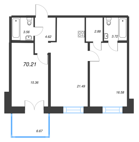 2-комнатная квартира №1 в: Alpen: 70.21 м²; этаж: 7 - купить в Санкт-Петербурге
