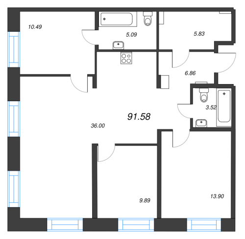3-комнатная квартира №1 в: Alpen: 91.58 м²; этаж: 3 - купить в Санкт-Петербурге