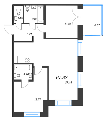 2-комнатная квартира №1 в: Alpen: 67.32 м²; этаж: 6 - купить в Санкт-Петербурге