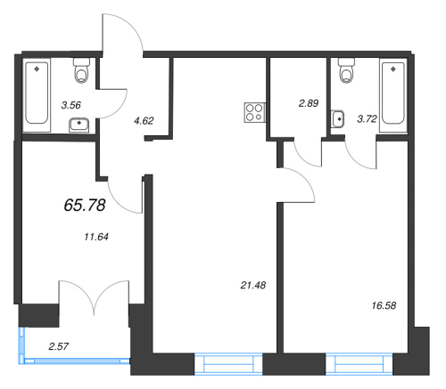 2-комнатная квартира №1 в: Alpen: 65.78 м²; этаж: 8 - купить в Санкт-Петербурге