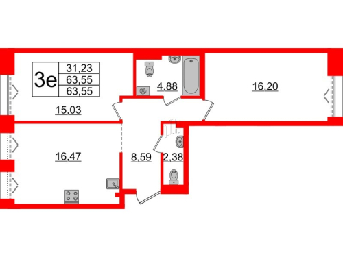 2-комнатная квартира, 63.55 м²; этаж: 3 - купить в Санкт-Петербурге