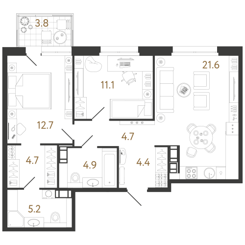 2-комнатная квартира, 69.3 м²; этаж: 7 - купить в Санкт-Петербурге