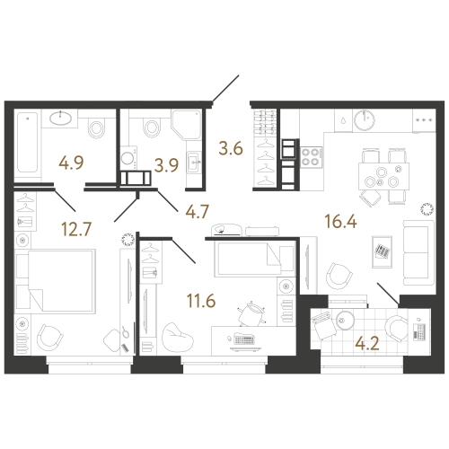 2-комнатная квартира №240 в: Куинджи: 57.8 м²; этаж: 7 - купить в Санкт-Петербурге