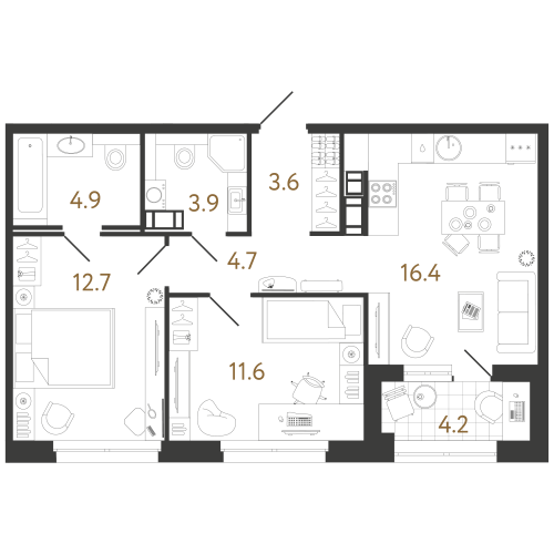 2-комнатная квартира №240 в: Куинджи: 57.8 м²; этаж: 11 - купить в Санкт-Петербурге