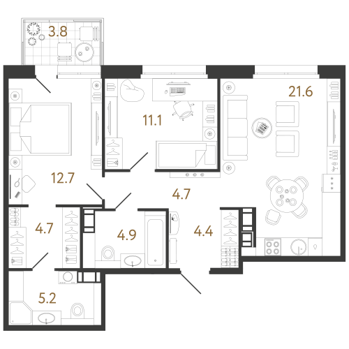 2-комнатная квартира №240 в: Куинджи: 69.3 м²; этаж: 9 - купить в Санкт-Петербурге