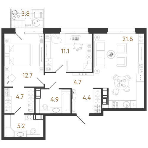 2-комнатная квартира №240 в: Куинджи: 69.3 м²; этаж: 5 - купить в Санкт-Петербурге