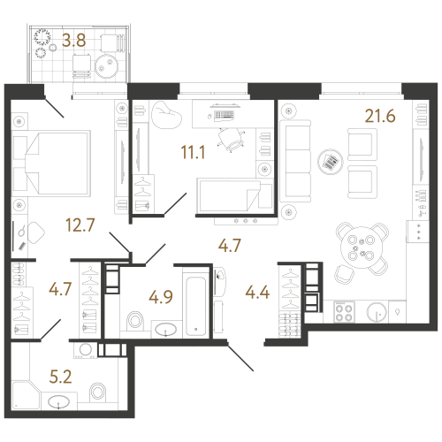 2-комнатная квартира №240 в: Куинджи: 69.3 м²; этаж: 4 - купить в Санкт-Петербурге