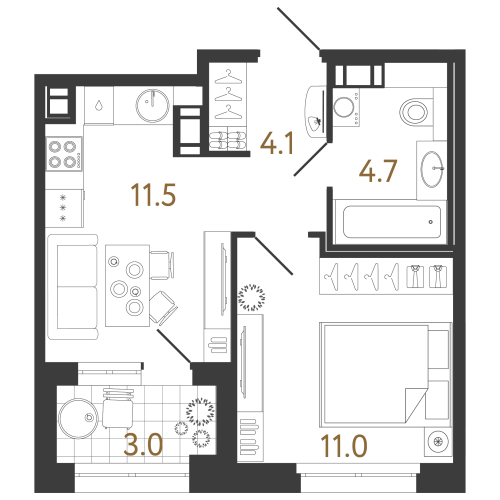 1-комнатная квартира, 31.3 м²; этаж: 3 - купить в Санкт-Петербурге