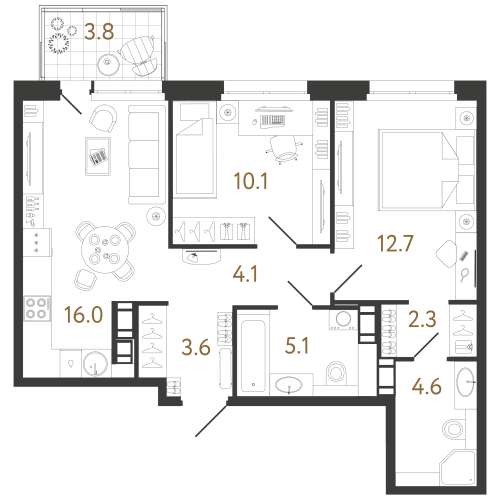 2-комнатная квартира №240 в: Куинджи: 58.5 м²; этаж: 11 - купить в Санкт-Петербурге