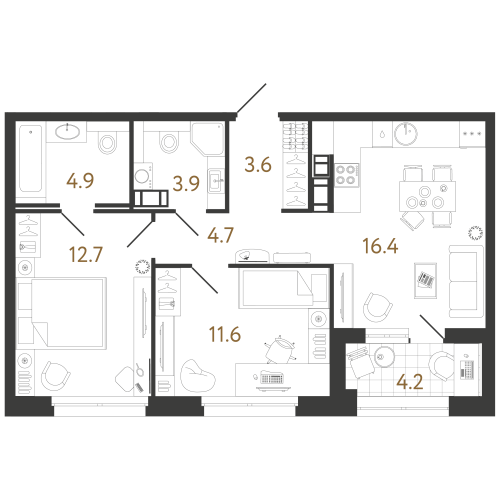 2-комнатная квартира №240 в: Куинджи: 57.8 м²; этаж: 8 - купить в Санкт-Петербурге