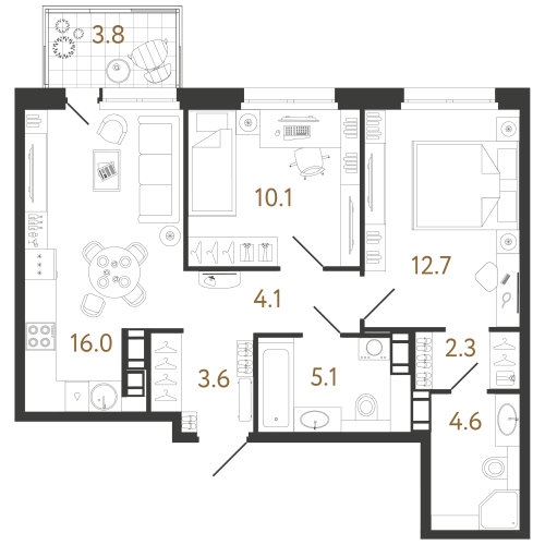 2-комнатная квартира №240 в: Куинджи: 58.5 м²; этаж: 12 - купить в Санкт-Петербурге