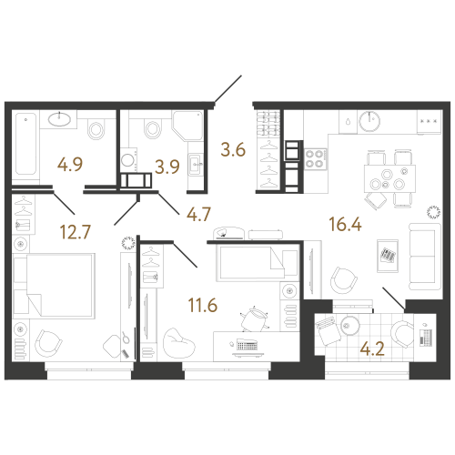 2-комнатная квартира №240 в: Куинджи: 57.8 м²; этаж: 9 - купить в Санкт-Петербурге
