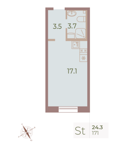 1-комнатная квартира, 24.1 м²; этаж: 7 - купить в Санкт-Петербурге