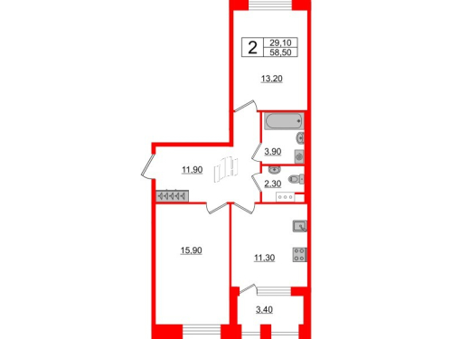 2-комнатная квартира №3 в: SVETLANA PARK: 58.5 м²; этаж: 3 - купить в Санкт-Петербурге
