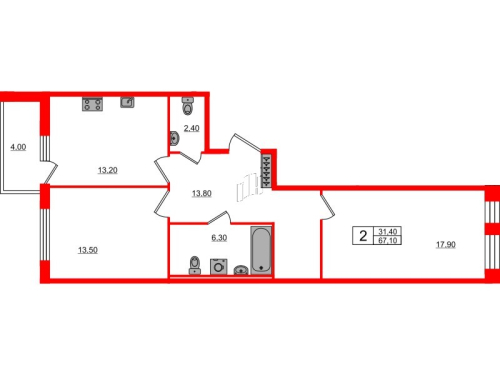 2-комнатная квартира №3 в: SVETLANA PARK: 67.1 м²; этаж: 2 - купить в Санкт-Петербурге
