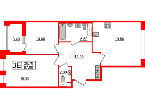 2-комнатная квартира №3 в: SVETLANA PARK: 67 м²; этаж: 5 - купить в Санкт-Петербурге