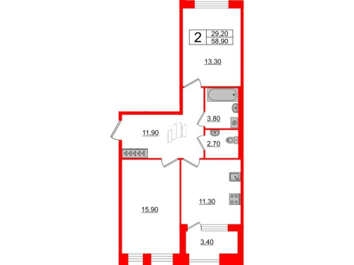 2-комнатная квартира №3 в: SVETLANA PARK: 58.9 м²; этаж: 2 - купить в Санкт-Петербурге