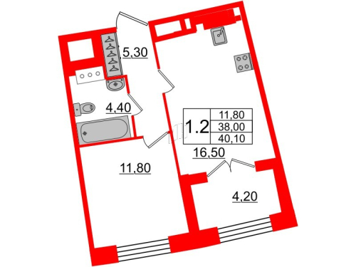 1-комнатная квартира №28к1 в: GRAND VIEW: 38 м²; этаж: 7 - купить в Санкт-Петербурге
