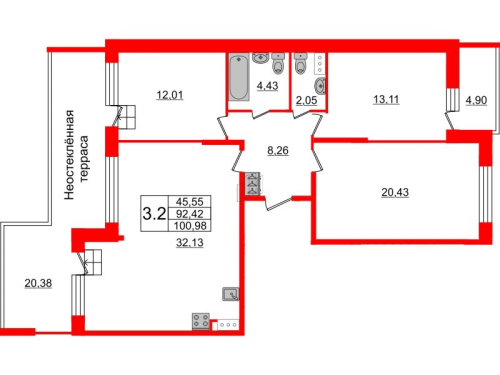 3-комнатная квартира №66 в: ПРИТЯЖЕНИЕ: 92.42 м²; этаж: 9 - купить в Санкт-Петербурге