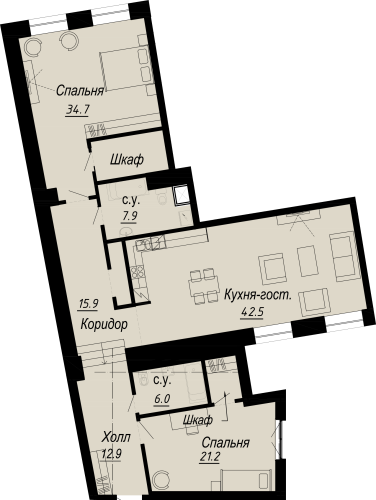 2-комнатная квартира, 142.96 м²; этаж: 3 - купить в Санкт-Петербурге
