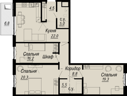 3-комнатная квартира, 106 м²; этаж: 4 - купить в Санкт-Петербурге
