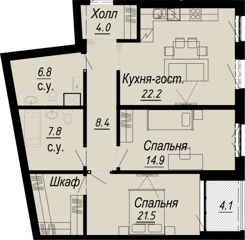 2-комнатная квартира, 90 м²; этаж: 4 - купить в Санкт-Петербурге