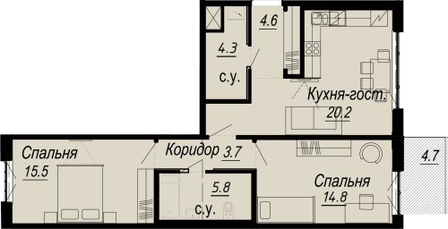 2-комнатная квартира, 70.2 м²; этаж: 6 - купить в Санкт-Петербурге