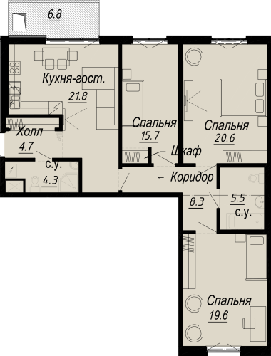 3-комнатная квартира, 107.63 м²; этаж: 4 - купить в Санкт-Петербурге