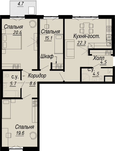 3-комнатная квартира, 105.08 м²; этаж: 5 - купить в Санкт-Петербурге