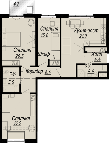 3-комнатная квартира, 98.4 м²; этаж: 7 - купить в Санкт-Петербурге
