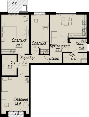 3-комнатная квартира, 99.8 м²; этаж: 4 - купить в Санкт-Петербурге