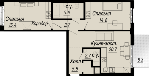 2-комнатная квартира, 70.7 м²; этаж: 3 - купить в Санкт-Петербурге
