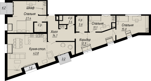 3-комнатная квартира, 142.15 м²; этаж: 7 - купить в Санкт-Петербурге
