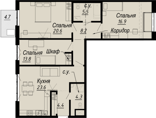 3-комнатная квартира, 99.6 м²; этаж: 7 - купить в Санкт-Петербурге