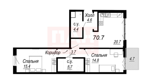 2-комнатная квартира, 70.7 м²; этаж: 4 - купить в Санкт-Петербурге
