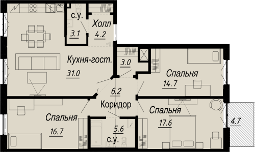 3-комнатная квартира, 106.31 м²; этаж: 6 - купить в Санкт-Петербурге