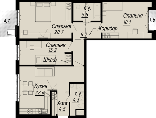 3-комнатная квартира, 102.74 м²; этаж: 4 - купить в Санкт-Петербурге