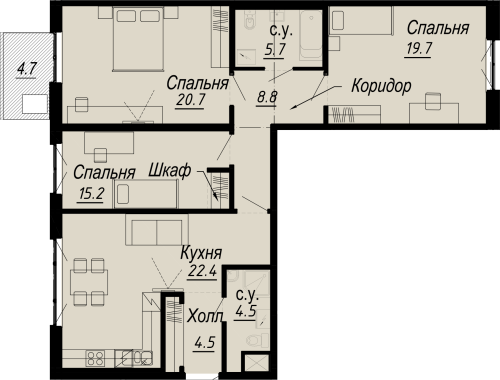 3-комнатная квартира, 105.69 м²; этаж: 5 - купить в Санкт-Петербурге