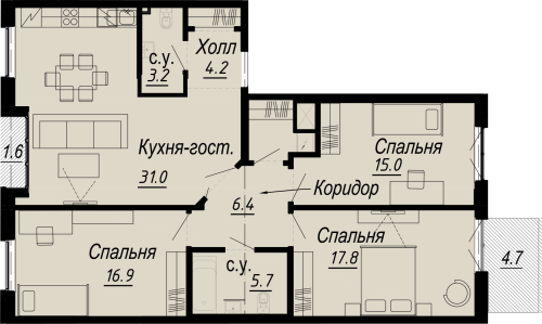 3-комнатная квартира, 107.12 м²; этаж: 5 - купить в Санкт-Петербурге
